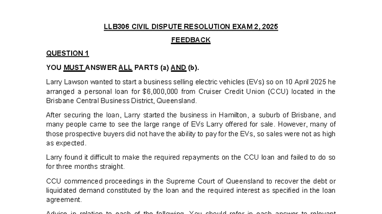 LLB306 CIVIL DISPUTE RESOLUTION EXAM 2, 2025 FEEDBACK & ANALYSIS - Studocu