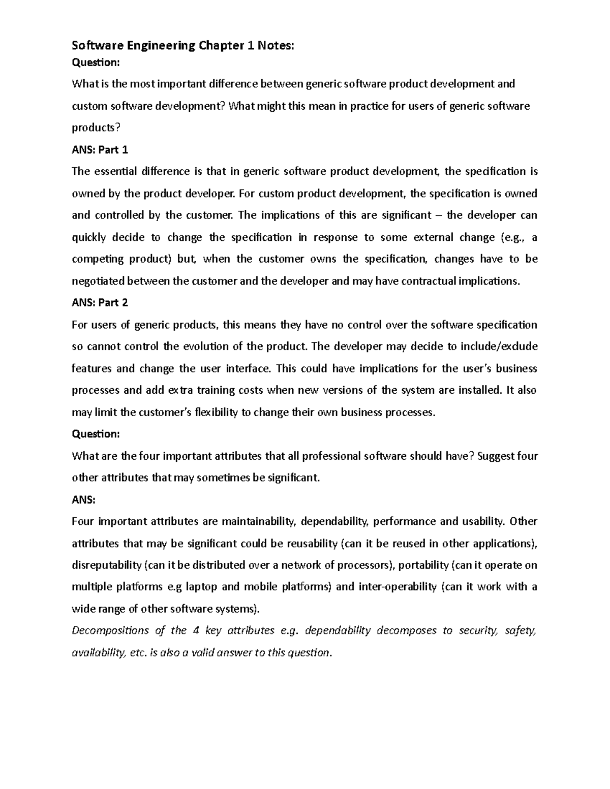 Software Engineering Chapter 1 Notes - For custom product development ...