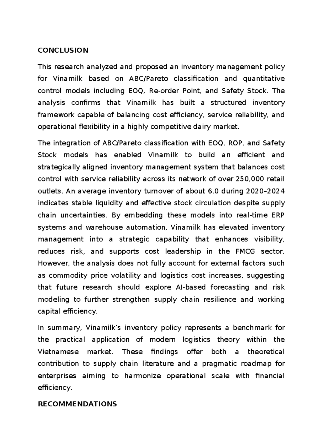 Inventory Management Policy Analysis for Vinamilk: Conclusions ...