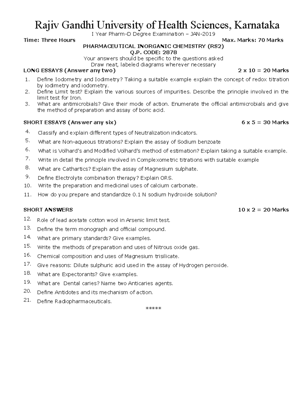 Pharmaceutical Inorganic Chemistry (RS2) - Exam Paper Dec 2018 - Studocu