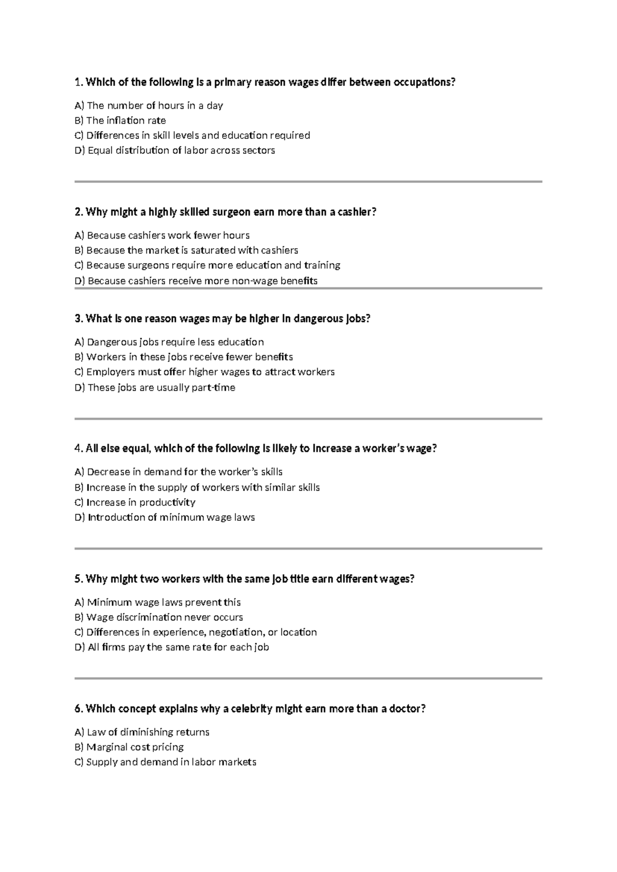 Chapter 12 POST Class Questions on Wage Differentials and ...
