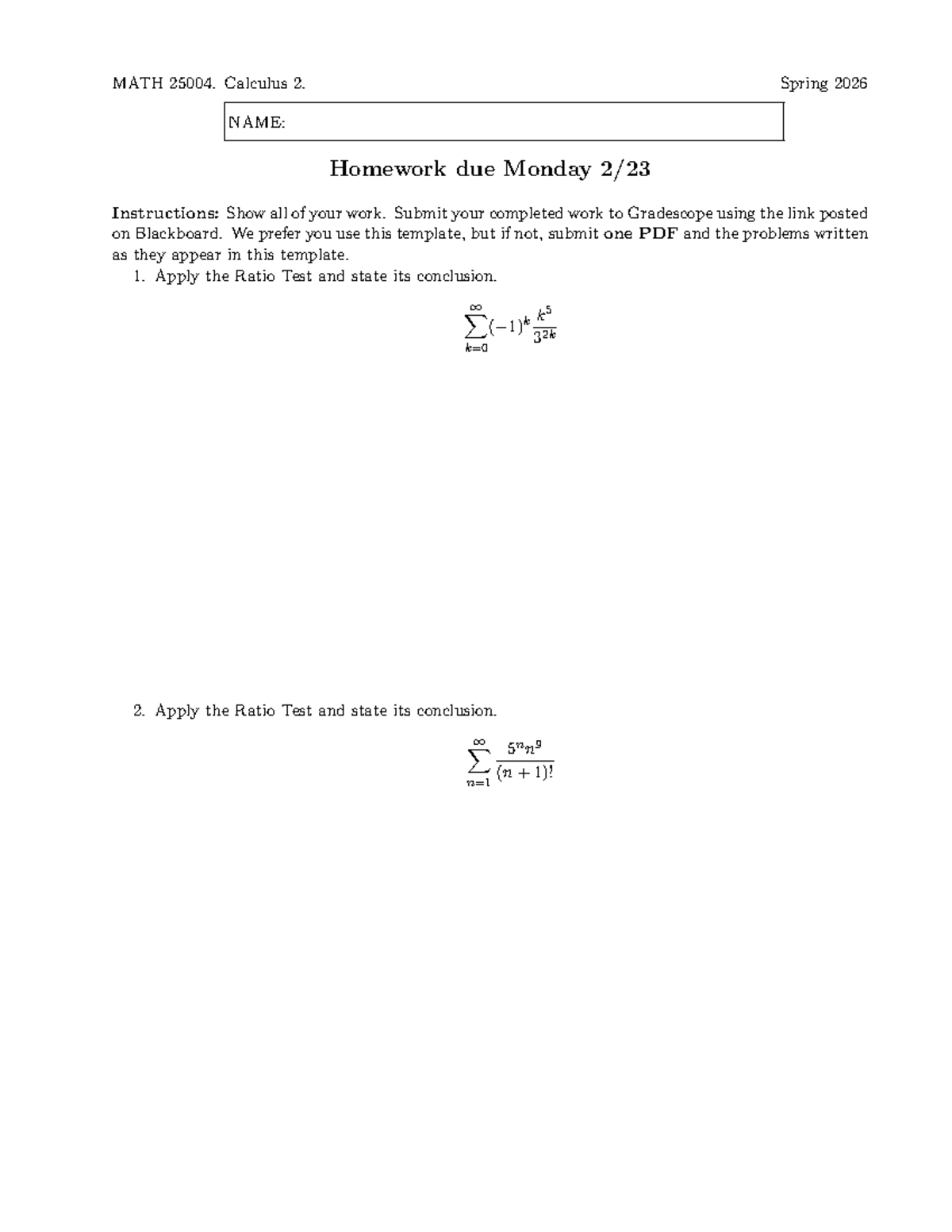 MATH 25004: Calculus 2 - Homework Due 2-23 Spring 2026 - Studocu