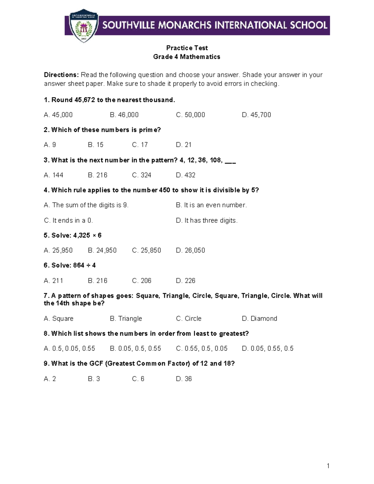 SBA Grade 4 Math Practice Test: Key Concepts & Questions - Studocu