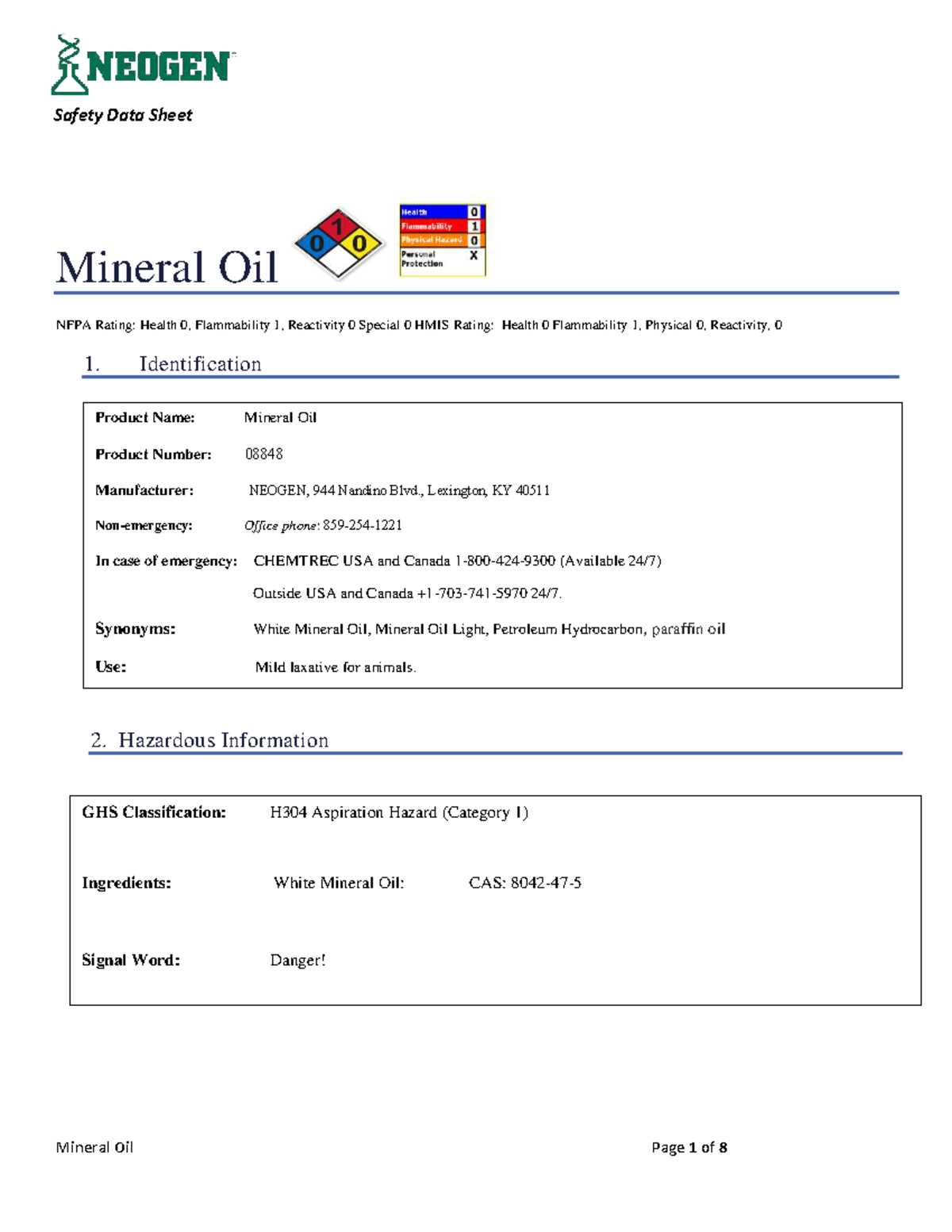 Mineral Oil Safety Data Sheet (SDS) - NFPA & HMIS Ratings - Studocu