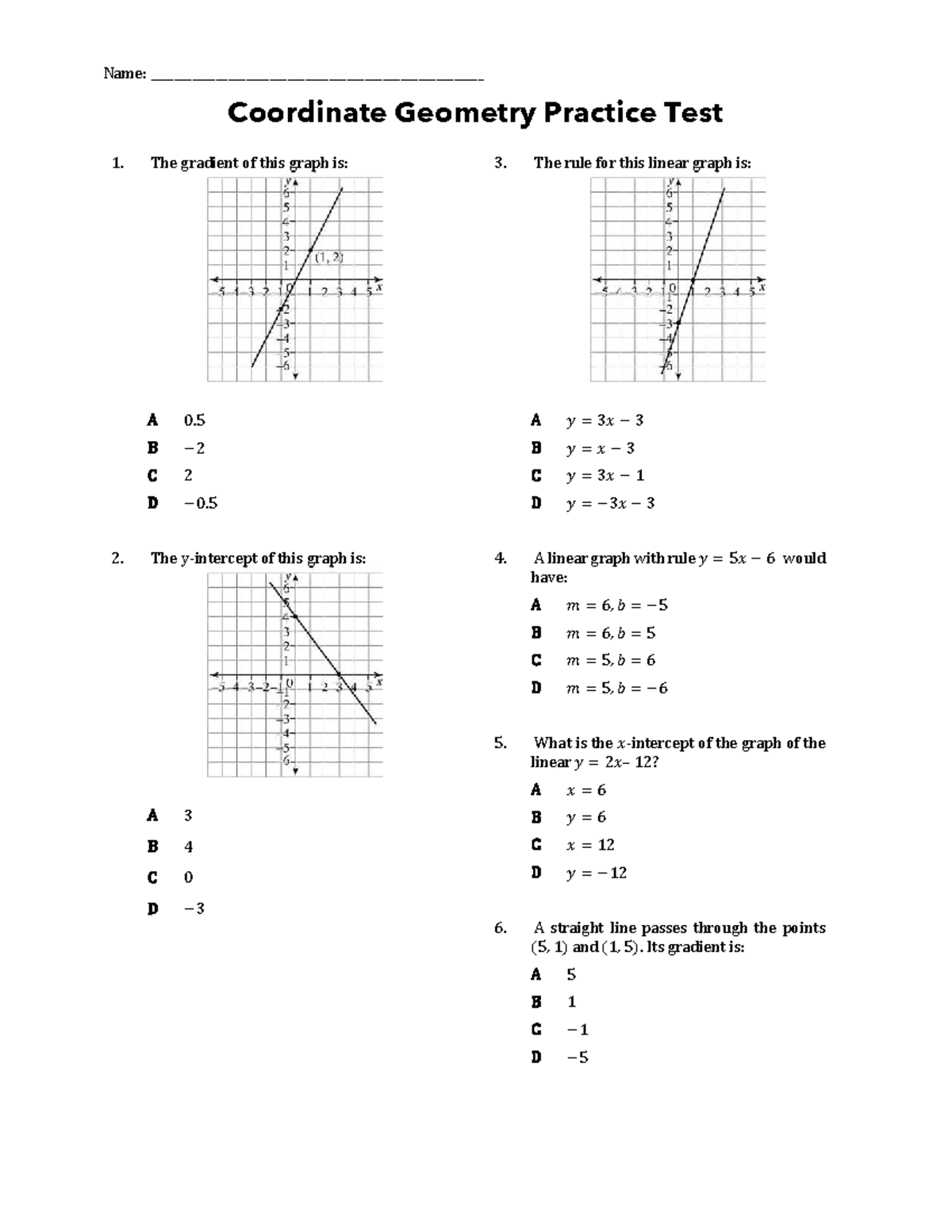Coordinate Geometry Practice Test Yr10: Gradient & Line Equations - Studocu