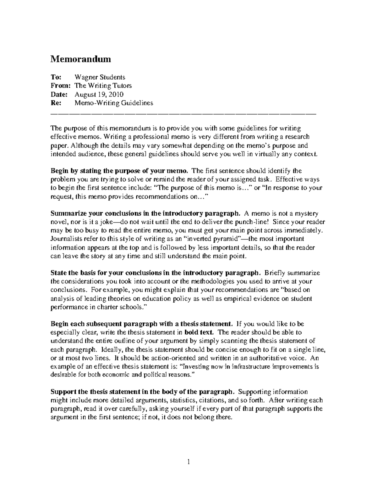 Writing Memos - 1 Memorandum To: Wagner Students From: The Writing ...