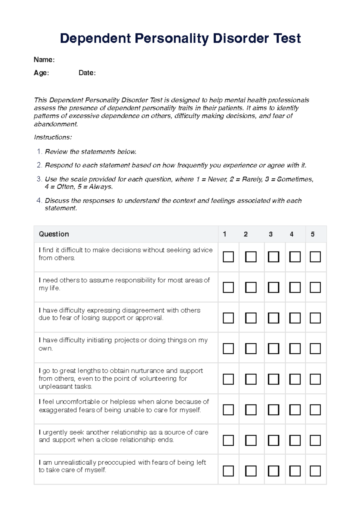 Dependent Personality Disorder Assessment Tool: Test Instructions ...