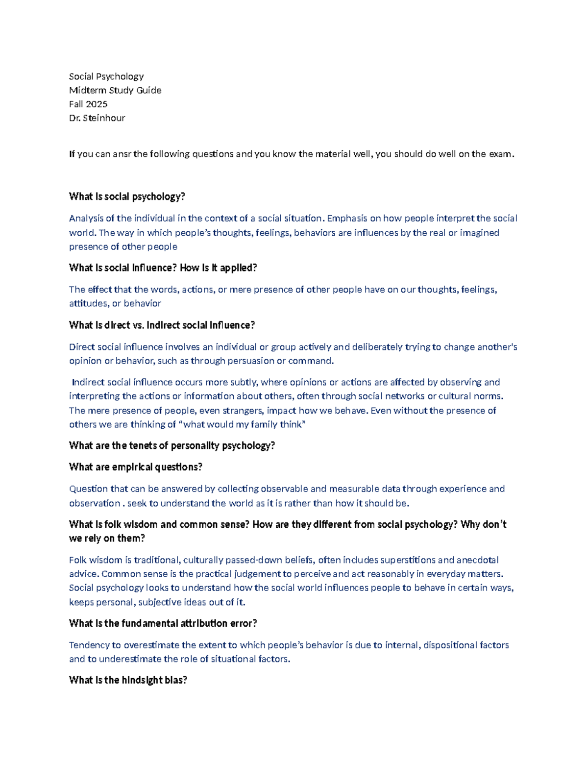 Social Psychology PSY 101 Midterm Study Guide - Fall 2025 - Studocu