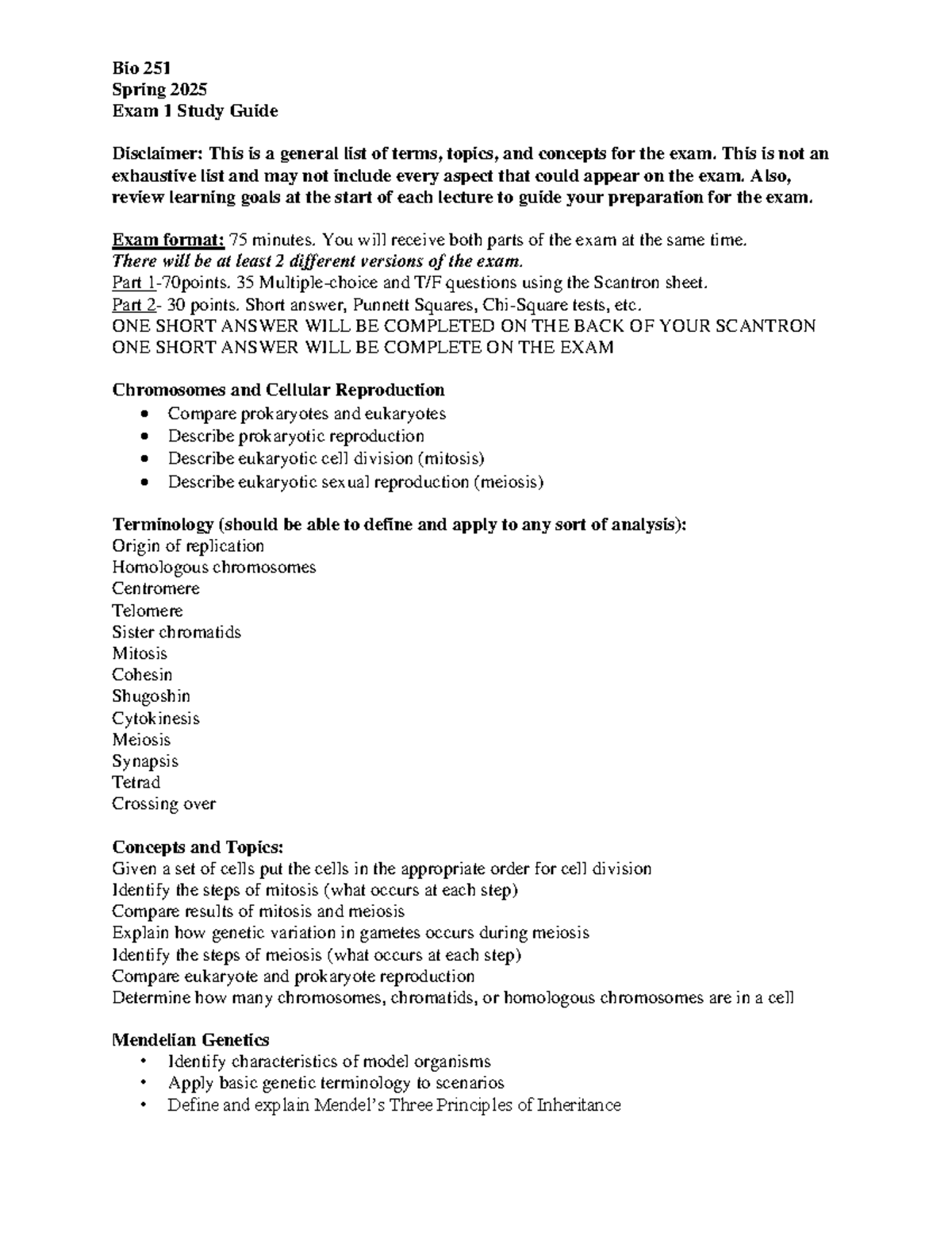 Bio 251 Spring 2025 Exam 1 Study Guide: Genetics and Cell Biology ...