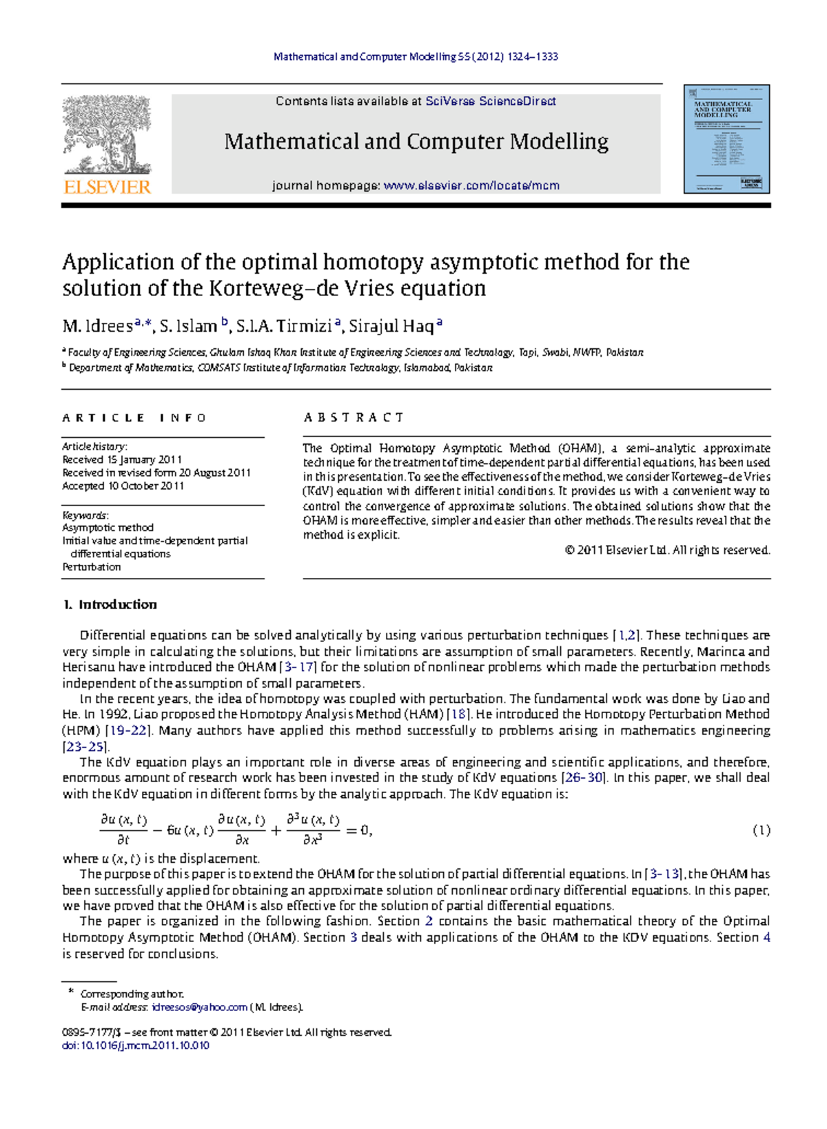 Optimal Homotopy Asymptotic Method for KDV Equations Analysis (MCM 55 ...