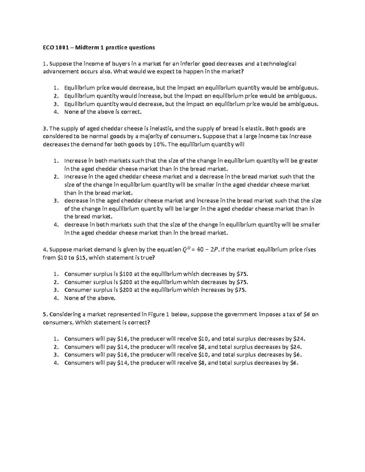 ECO 1001 - Midterm 1 Practice Questions and Answers - Studocu