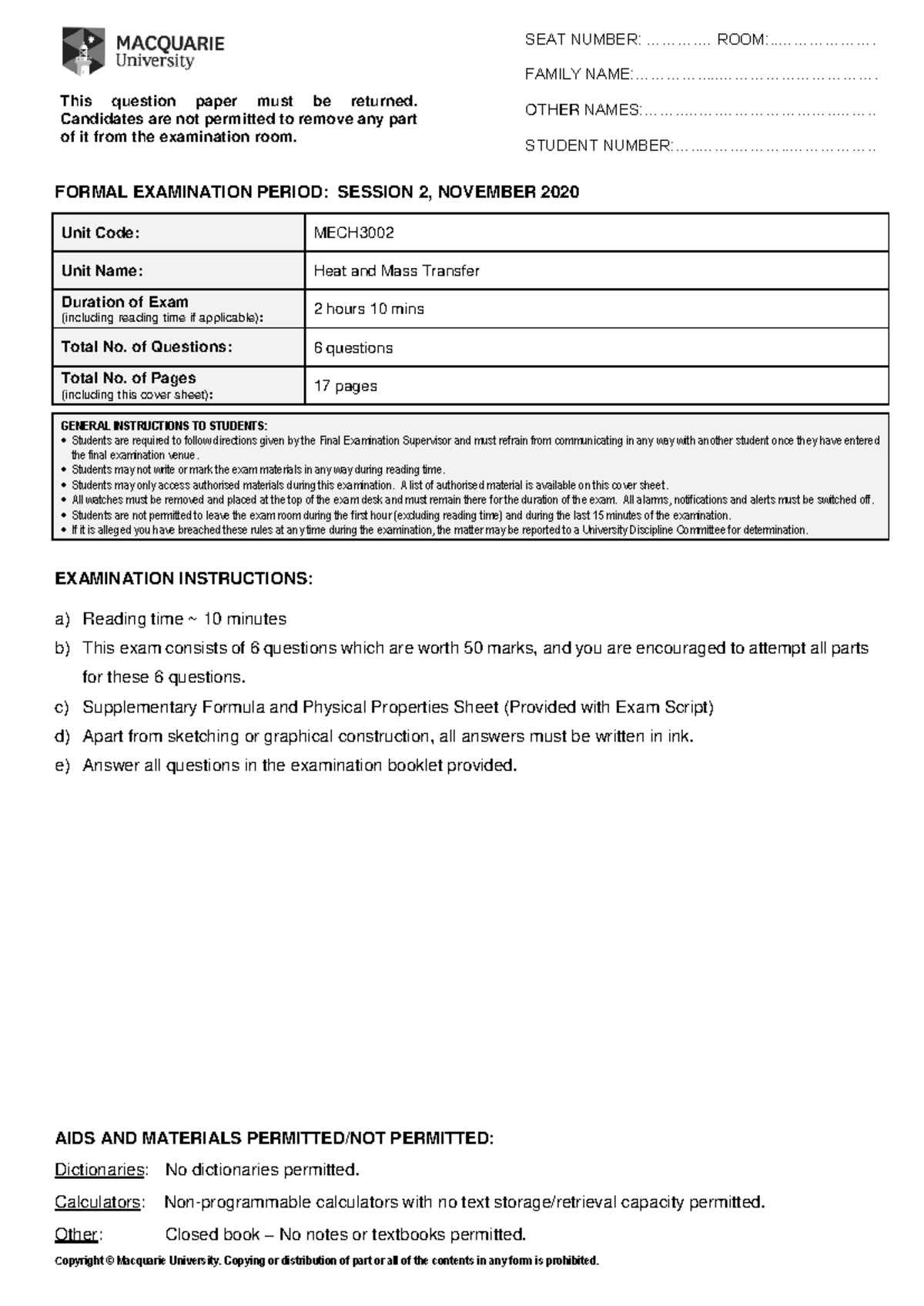 MECH 3002 2020S2 Final Exam - Heat and Mass Transfer Questions - Studocu