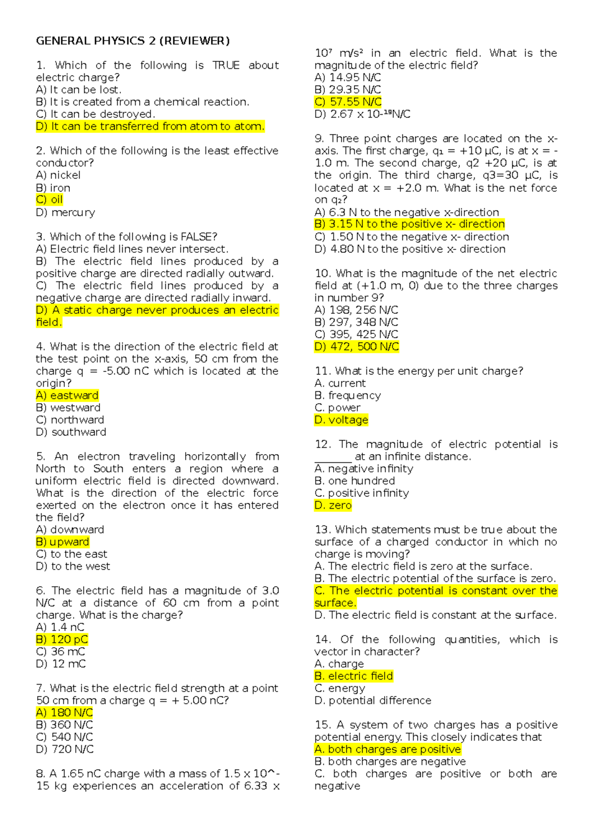 PHYSICS 2 FINAL EXAM REVIEWER: Electric Charge & Electric Fields - Studocu