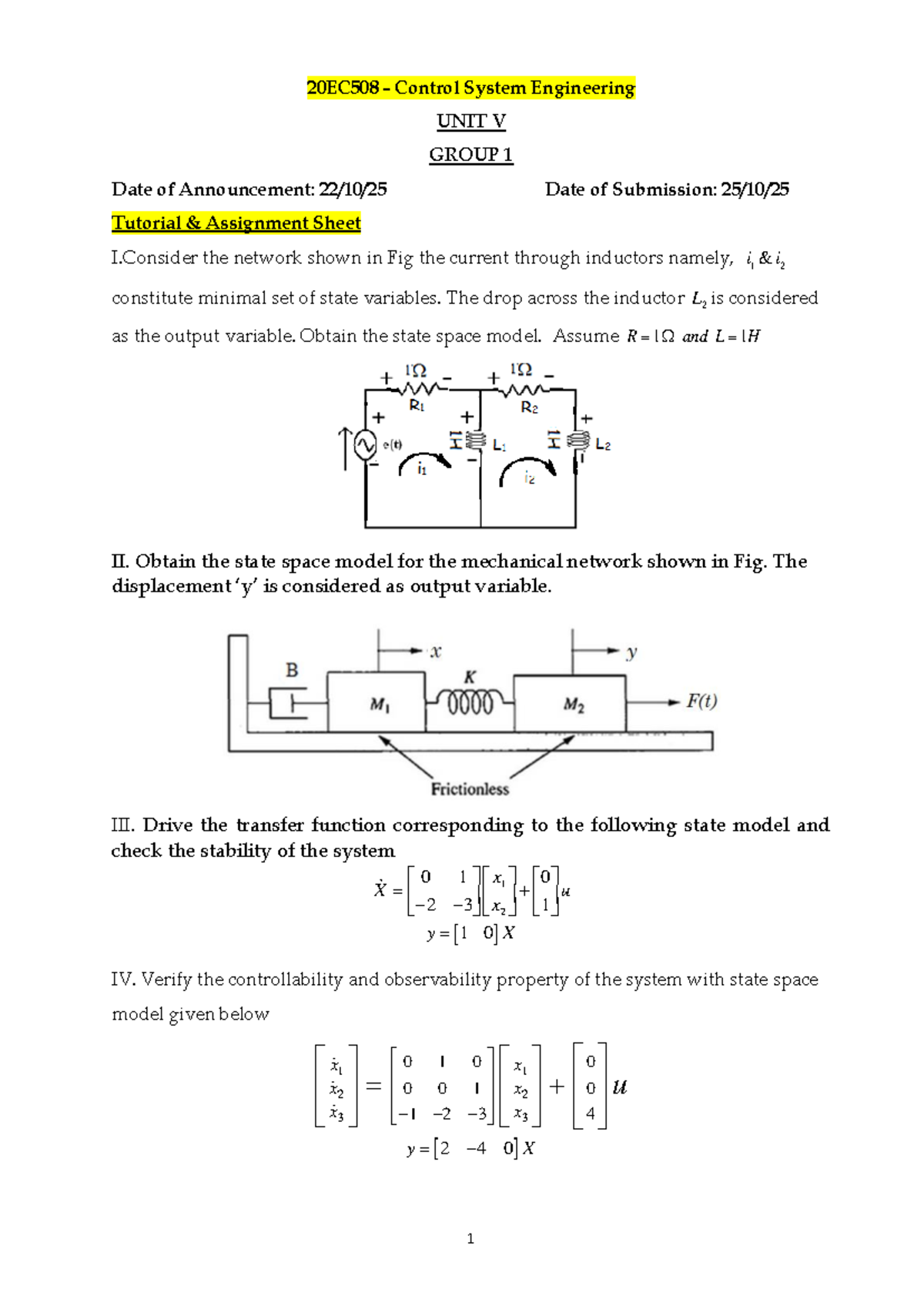 20EC508 Control System Engineering Tutorial Assignment on State Space ...