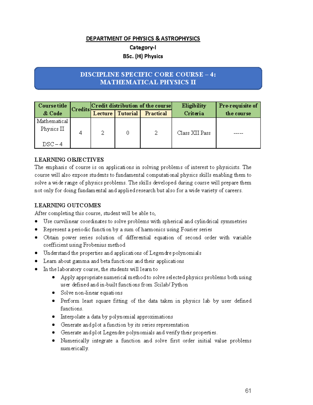 BSc. (H) Physics DSC 4: Mathematical Physics II Syllabus - Studocu