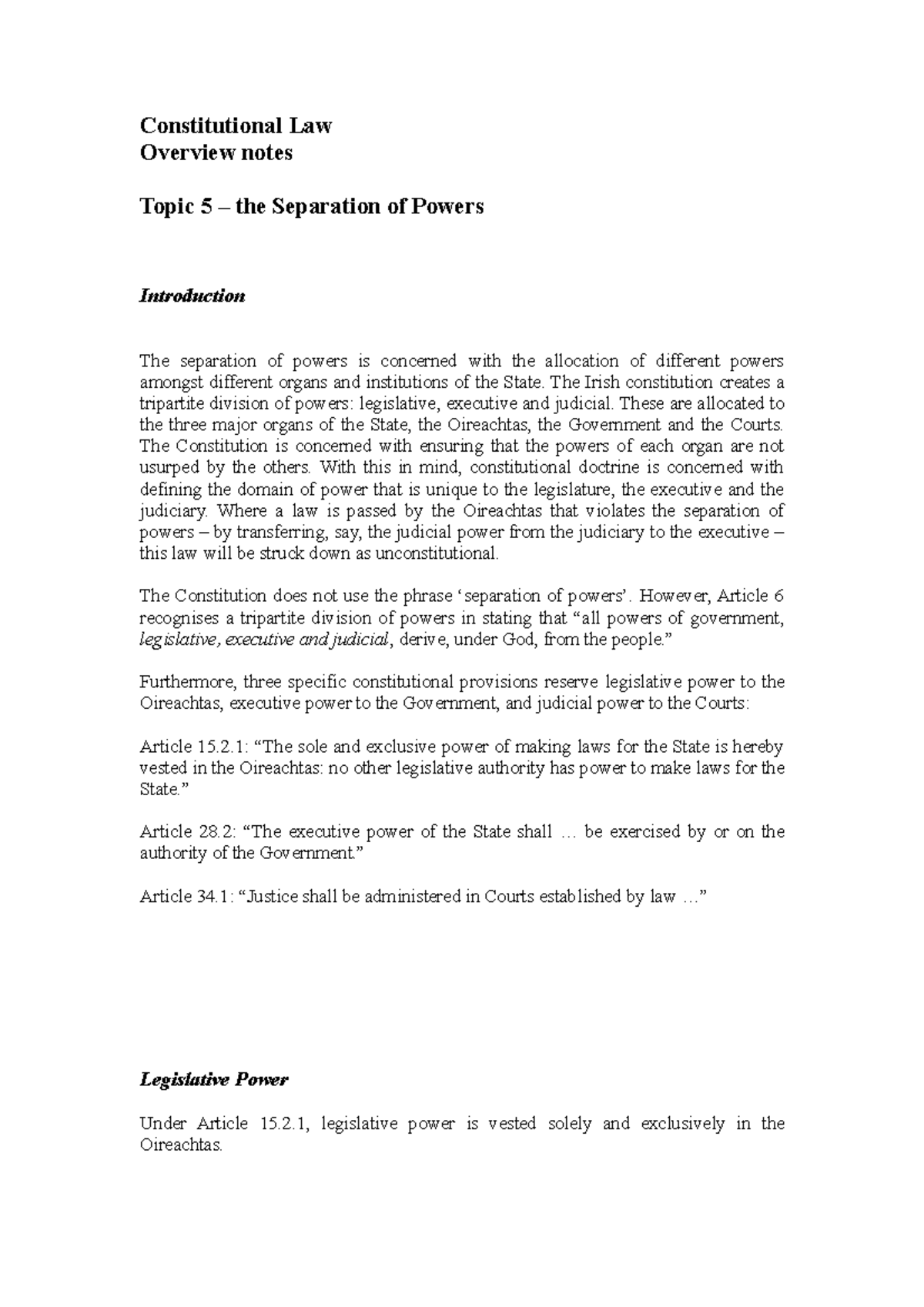 Constitutional Law Notes: Separation of Powers (Topic 5) Overview - Studocu