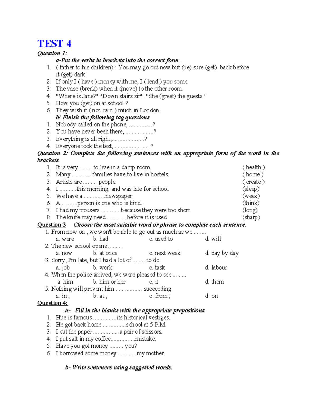 TEST 4 English Grammar Questions and Exercises - Studocu