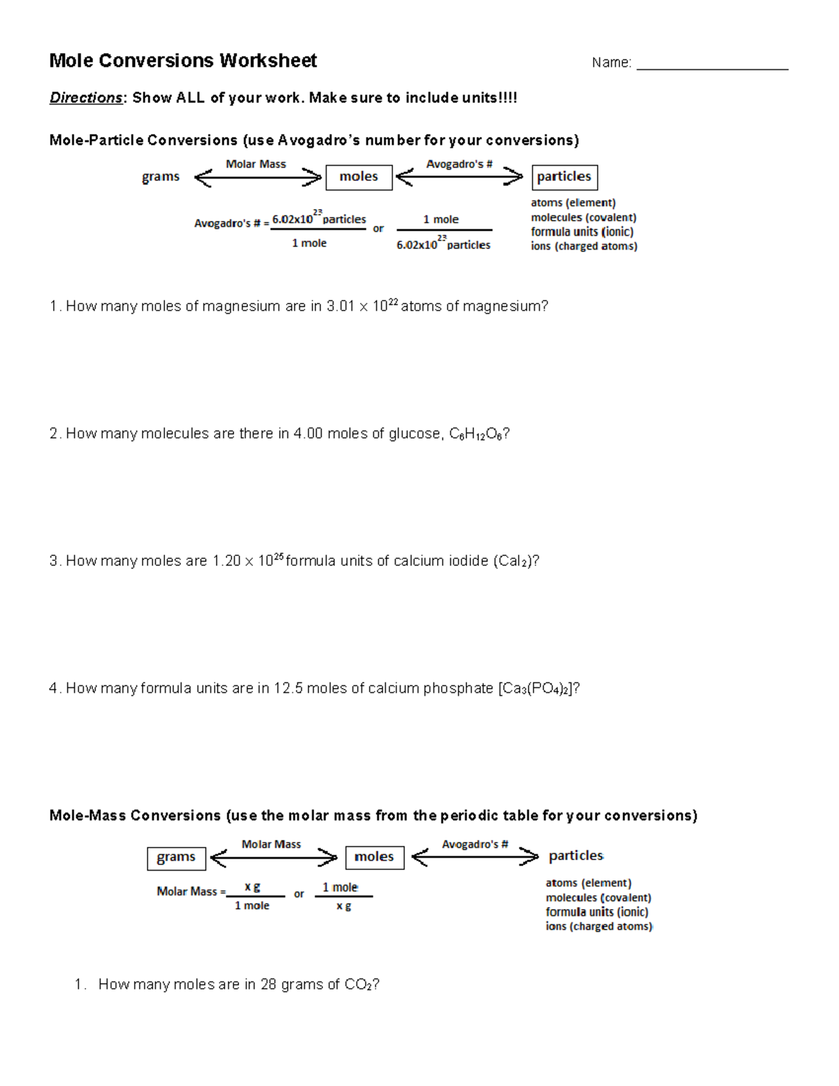 Mole Conversions - A paper - Mole Conversions Worksheet Name ...