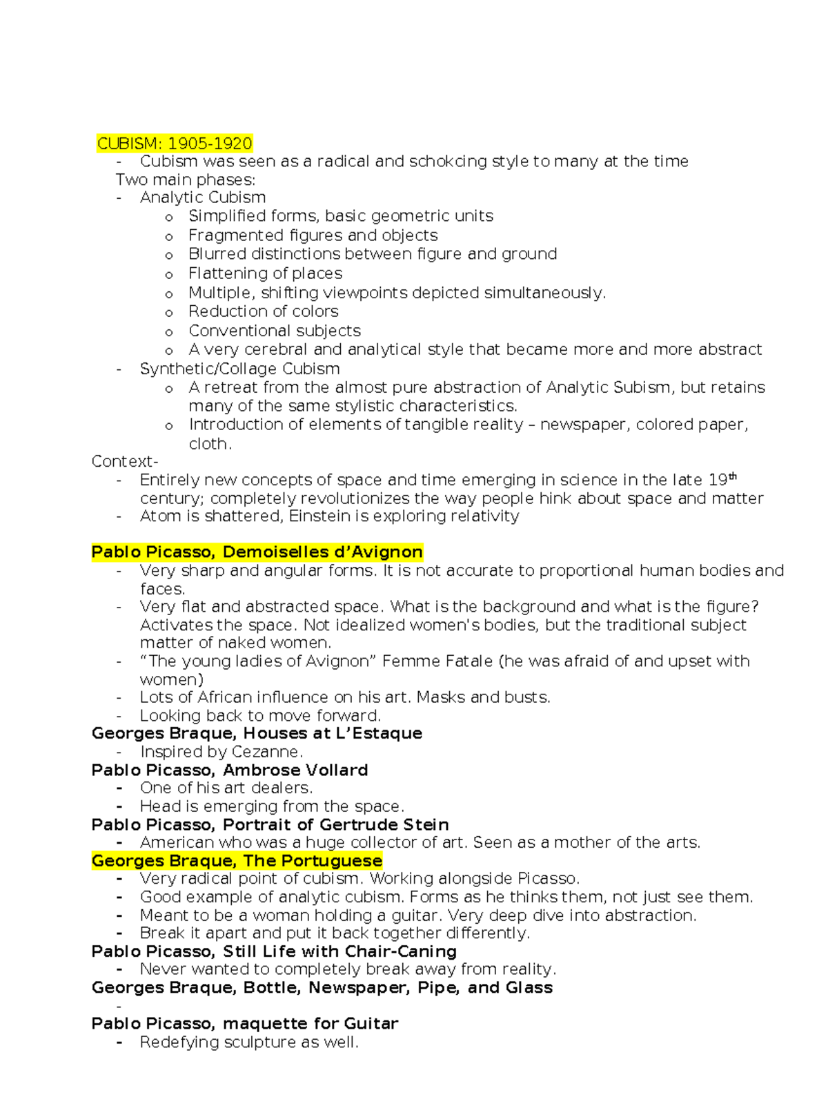 CUBISM: Key Concepts and Influential Artists - Final Exam Notes - Studocu