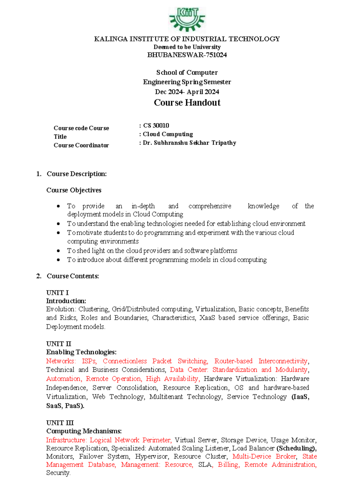 CS 30010 Cloud Computing Lesson Plan for Spring 2025 - Studocu