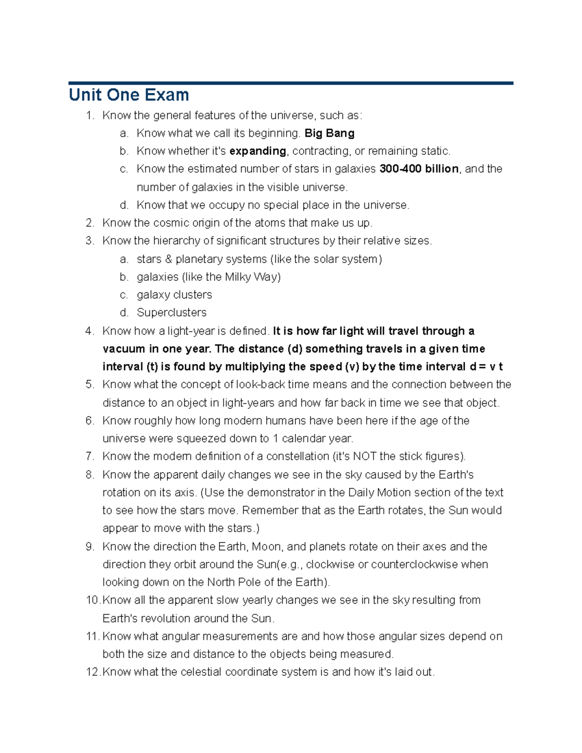 Astronomy of the Solar System Study Guides - Unit One Exam Know the ...