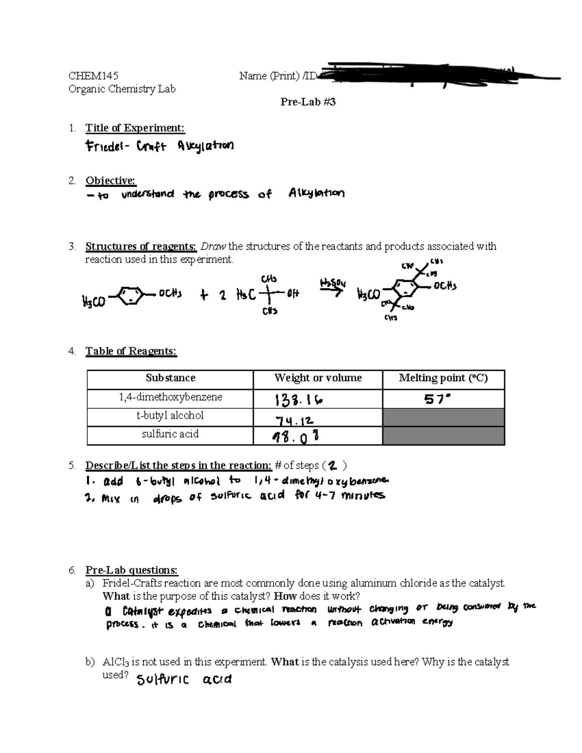 CHEM145 Organic Chemistry Lab Pre-Lab #3 on Friedel-Crafts Reaction ...