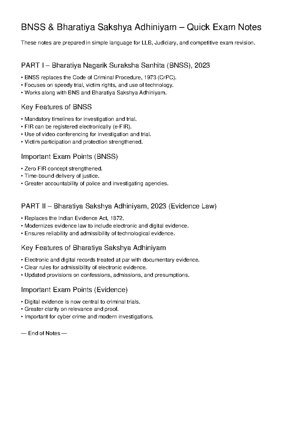 BNSS & Evidence Law Exam Notes for LLB & Judiciary Prep - Studocu