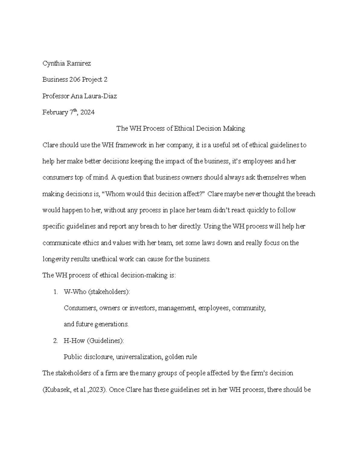 BUS 206 Project 2: WH Framework for Ethical Decision Making - Studocu