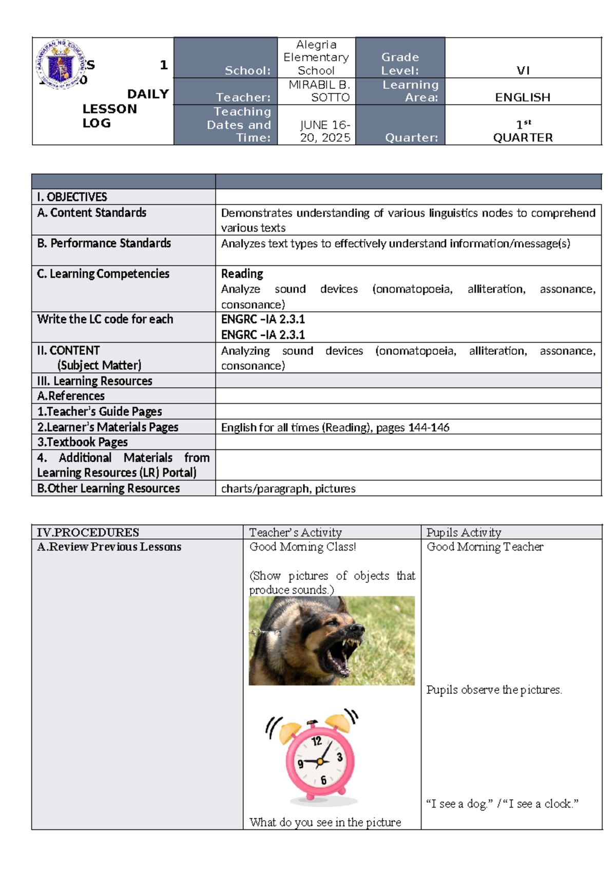 Proed 9LP2 - Daily Lesson Log on Sound Devices in English - Studocu