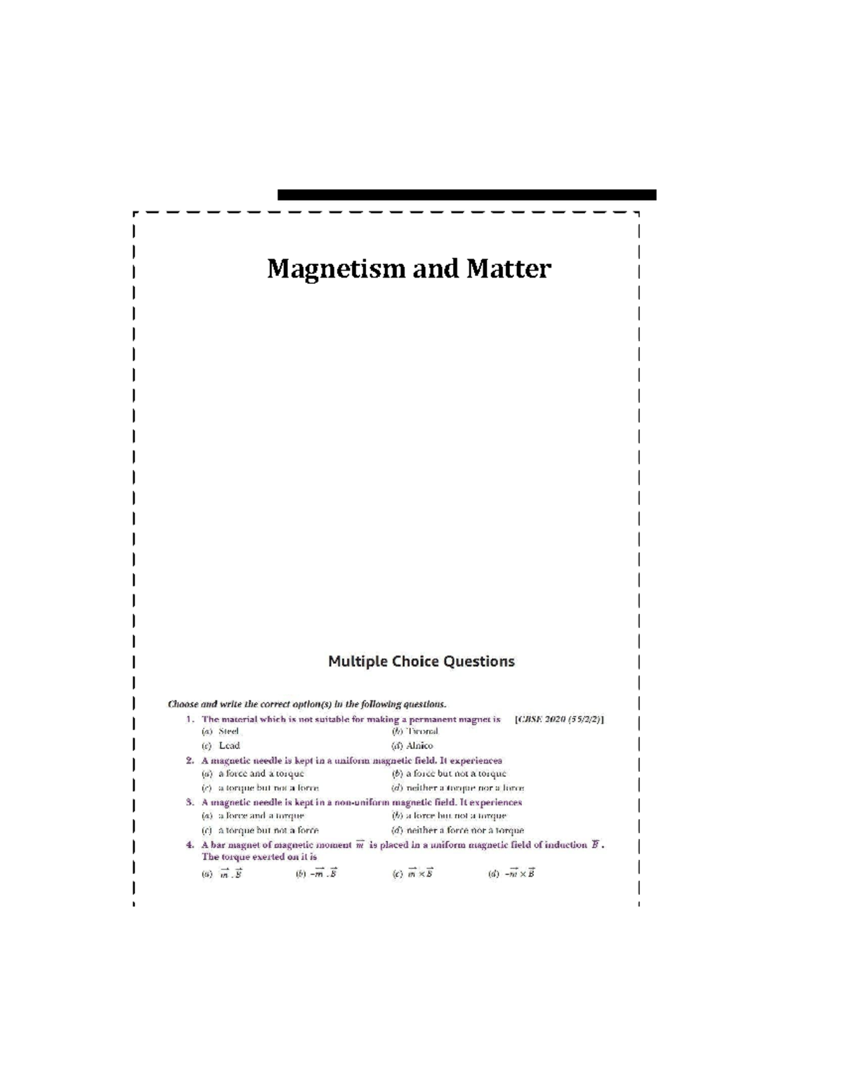 Magnetism and Matter MCQs - Practice Questions for 2020 - Studocu