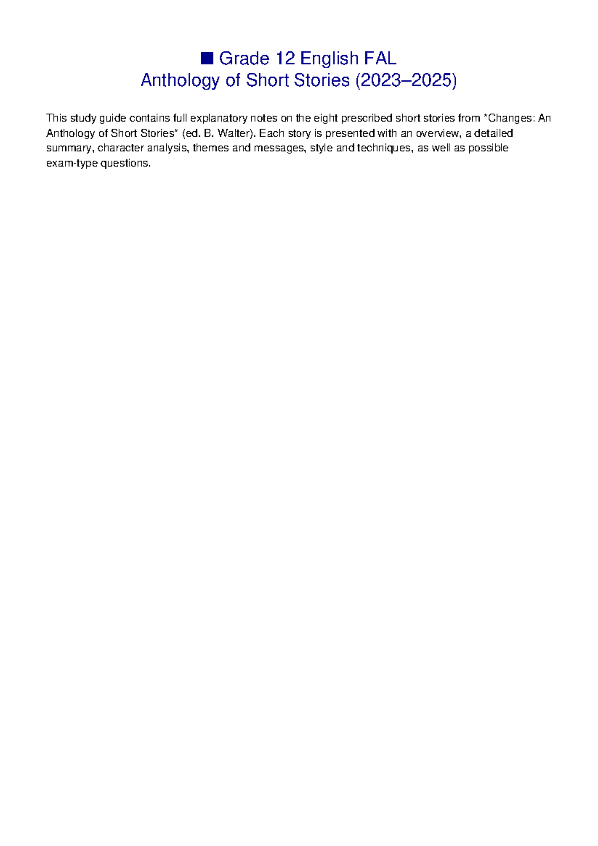 Grade 12 English FAL Short Stories Study Guide FULL Notes 2023-2025 ...