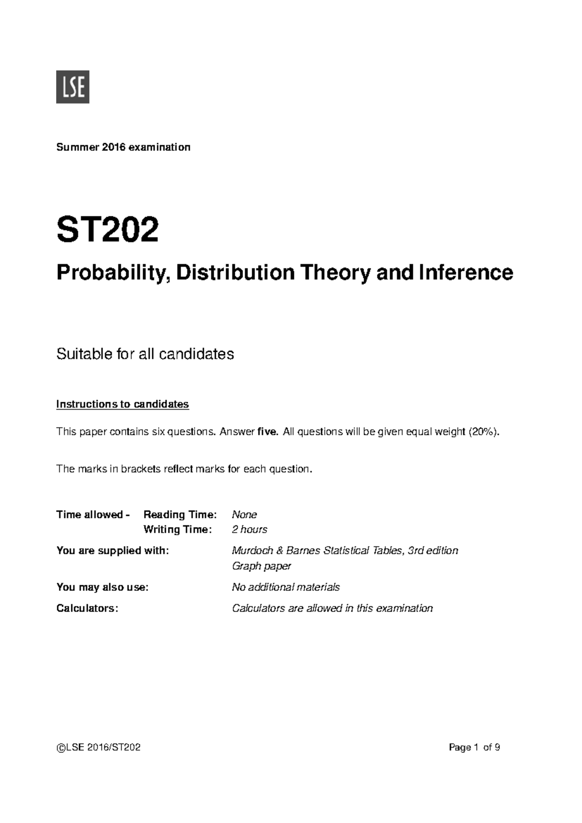 St202 2016 Solutions Probability Distribution Theory Inference Exam