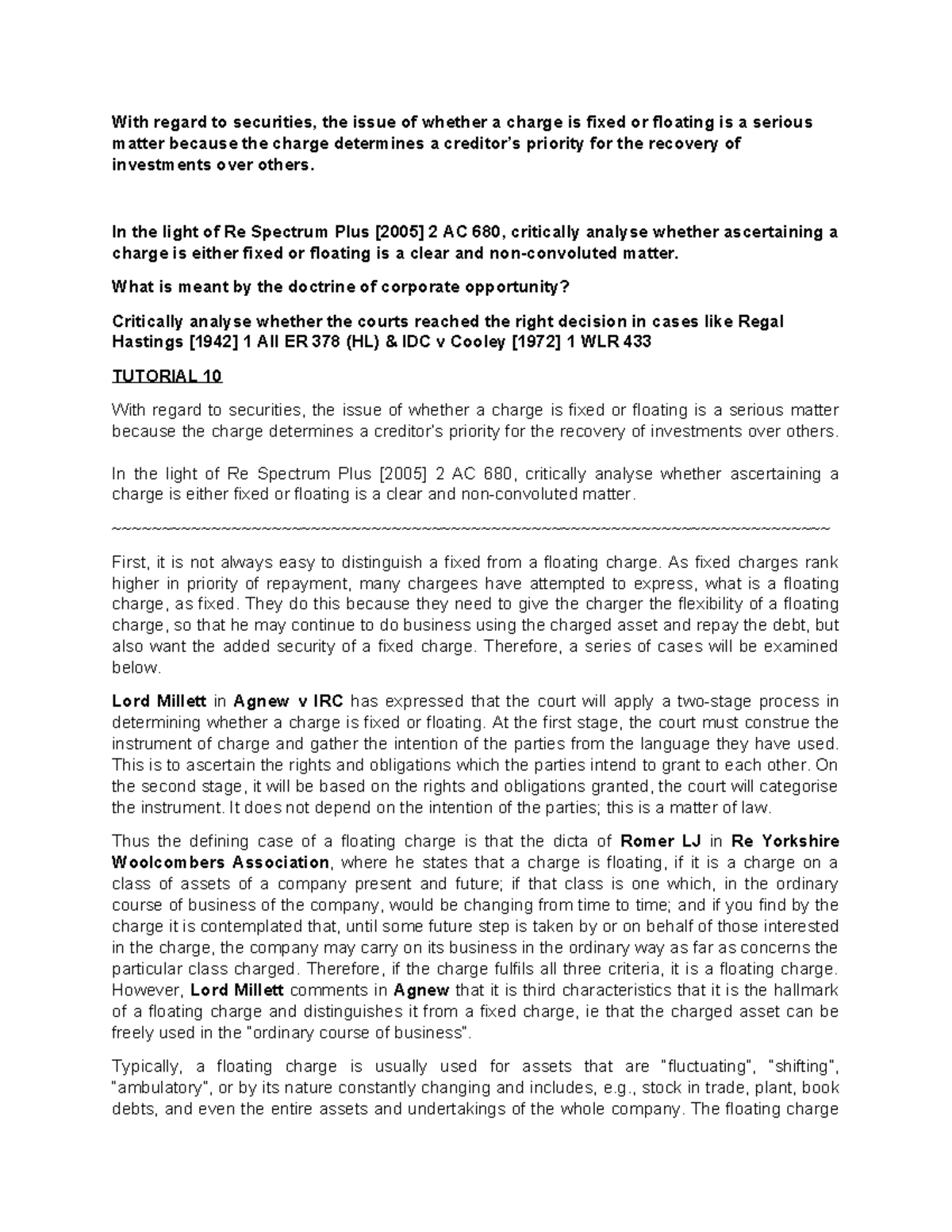 Tutorial 10 SEM 2 - Fixed vs Floating Charges in Securities Analysis ...