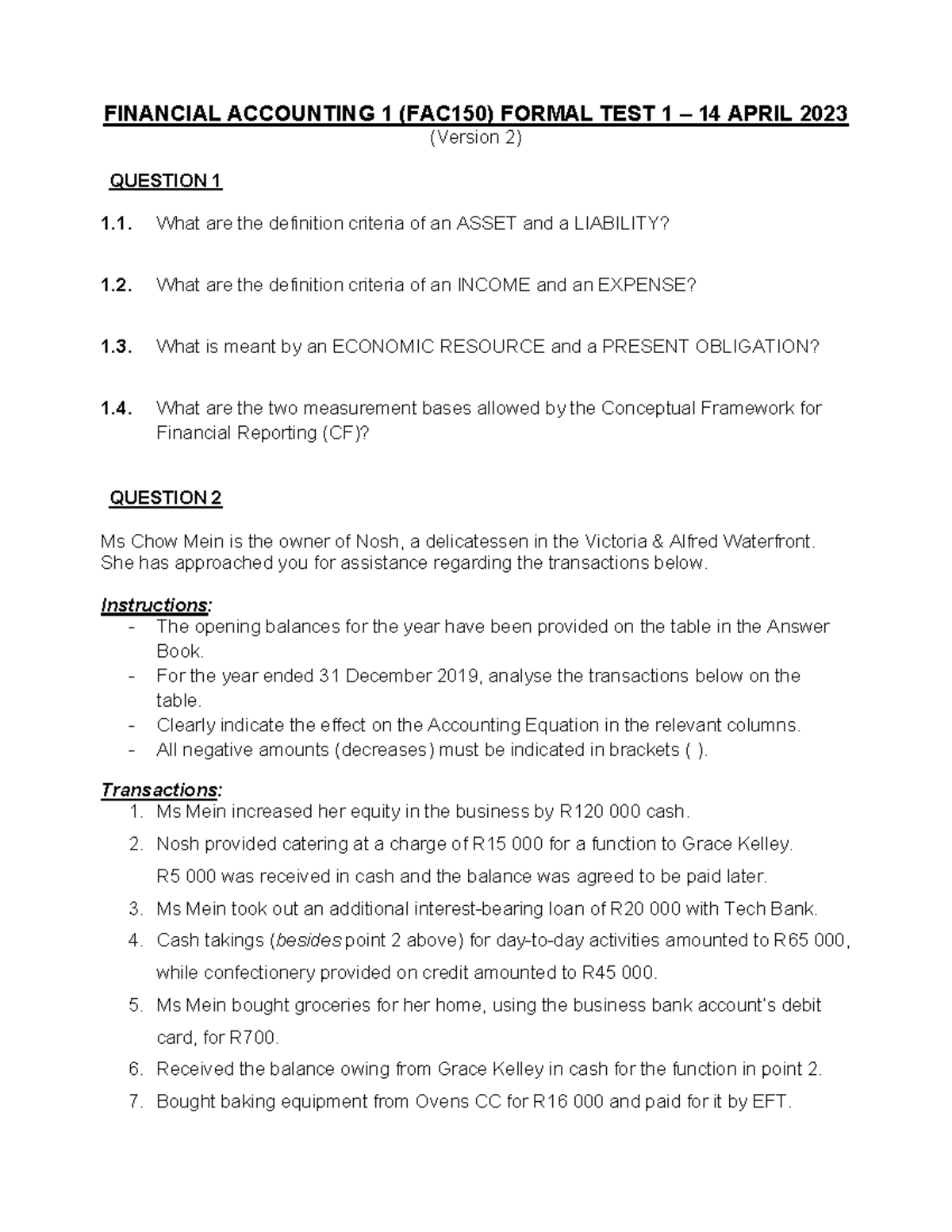 FAC150 2023 Formal Test 1 V2: Financial Accounting Questions - Studocu