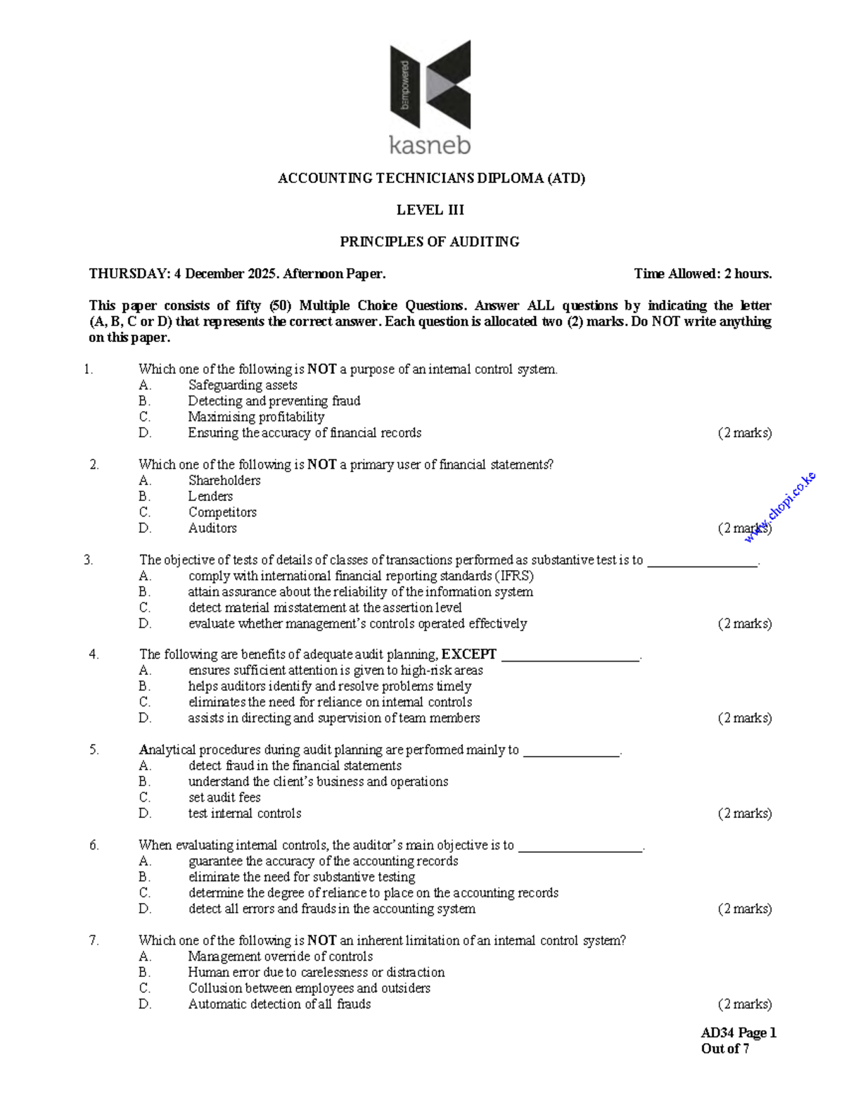 ATD LEVEL PRINCIPLES OF AUDITING PAST EXAM PAPERS: MULTIPLE CHOICE ...