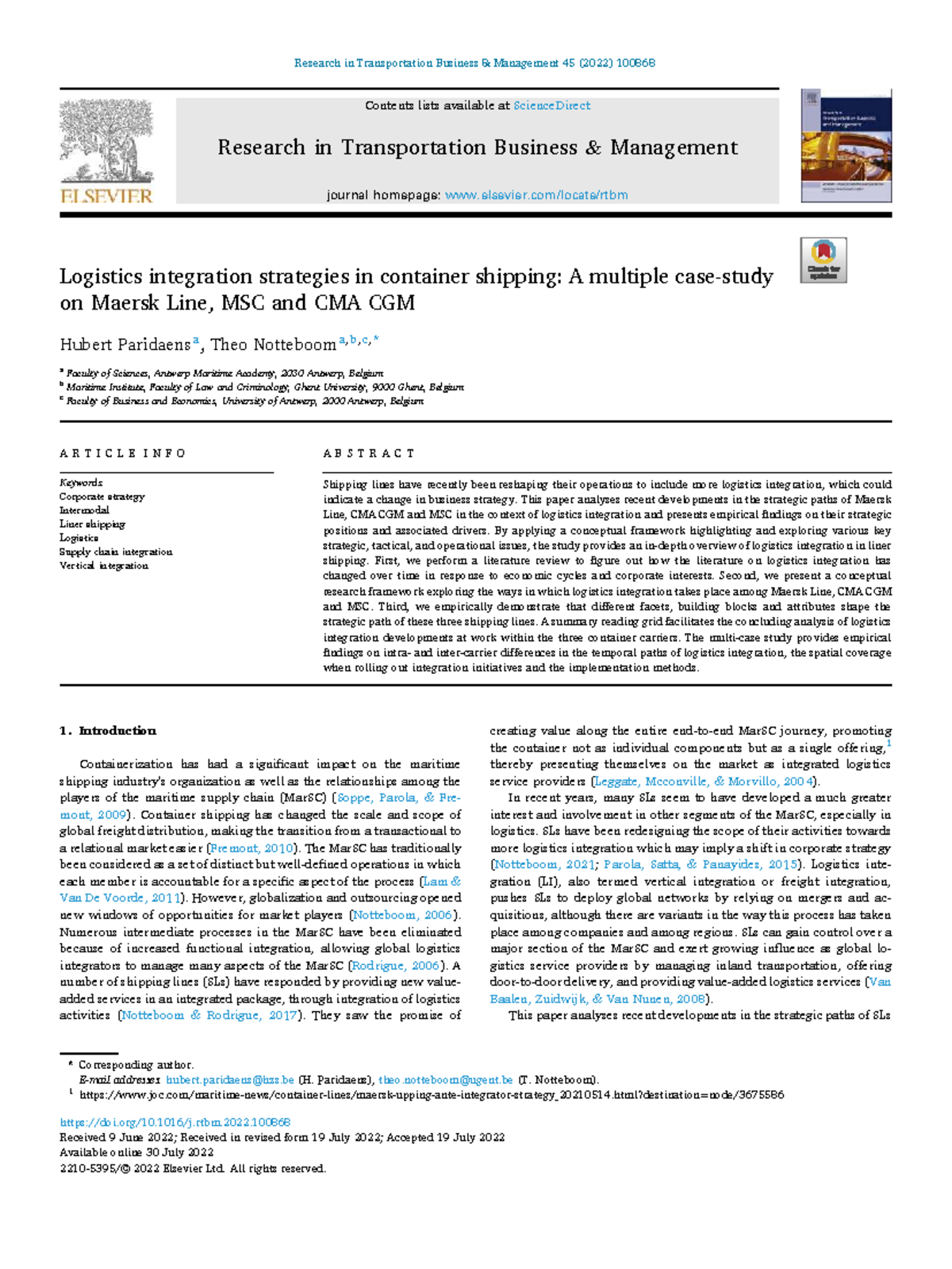 Logistics Integration Strategies in Container Shipping: A Case Study of ...