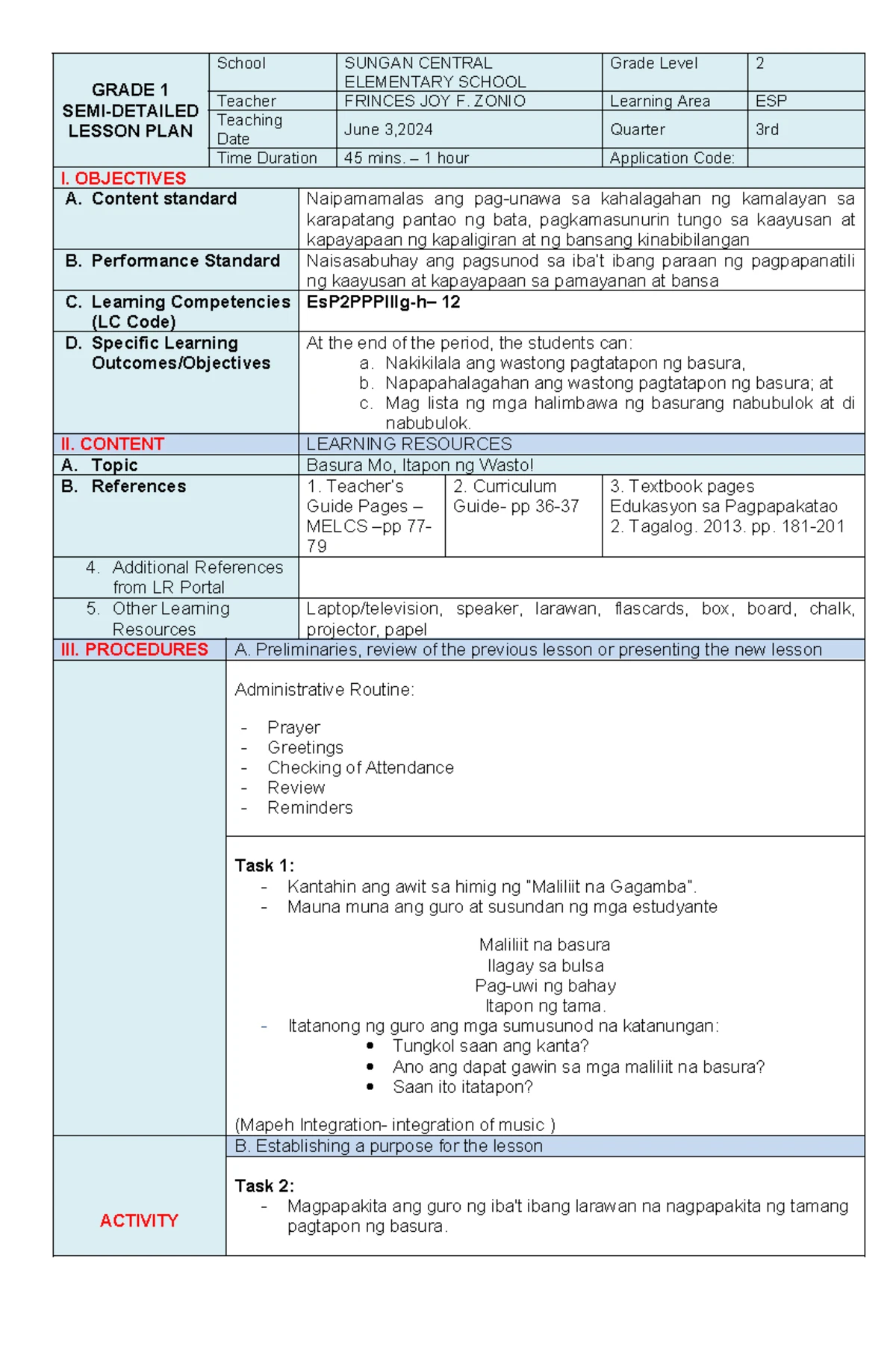 Grade 2 ESP Semi-Detailed Lesson Plan: Health & Hygiene Skills - Studocu