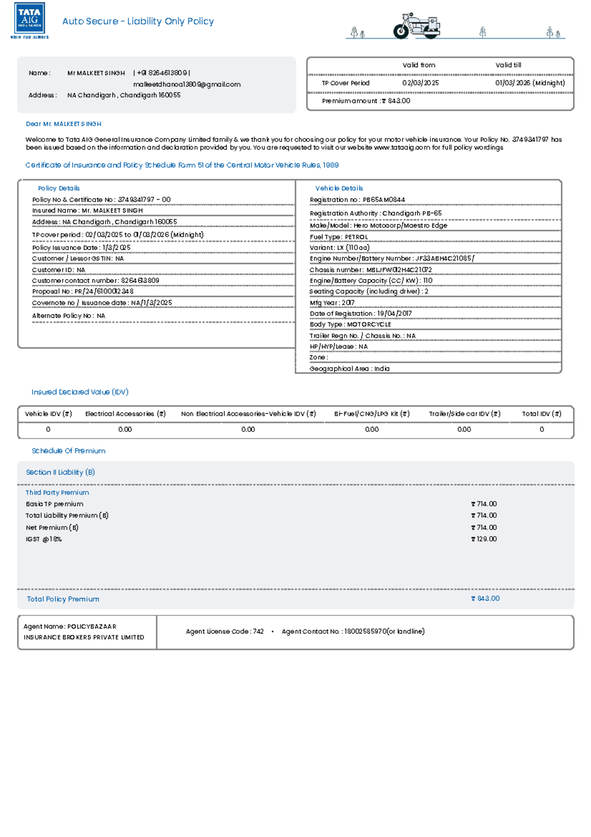 3749341797 PB65AM0844 - Auto Secure - Liability Only Policy Policy ...
