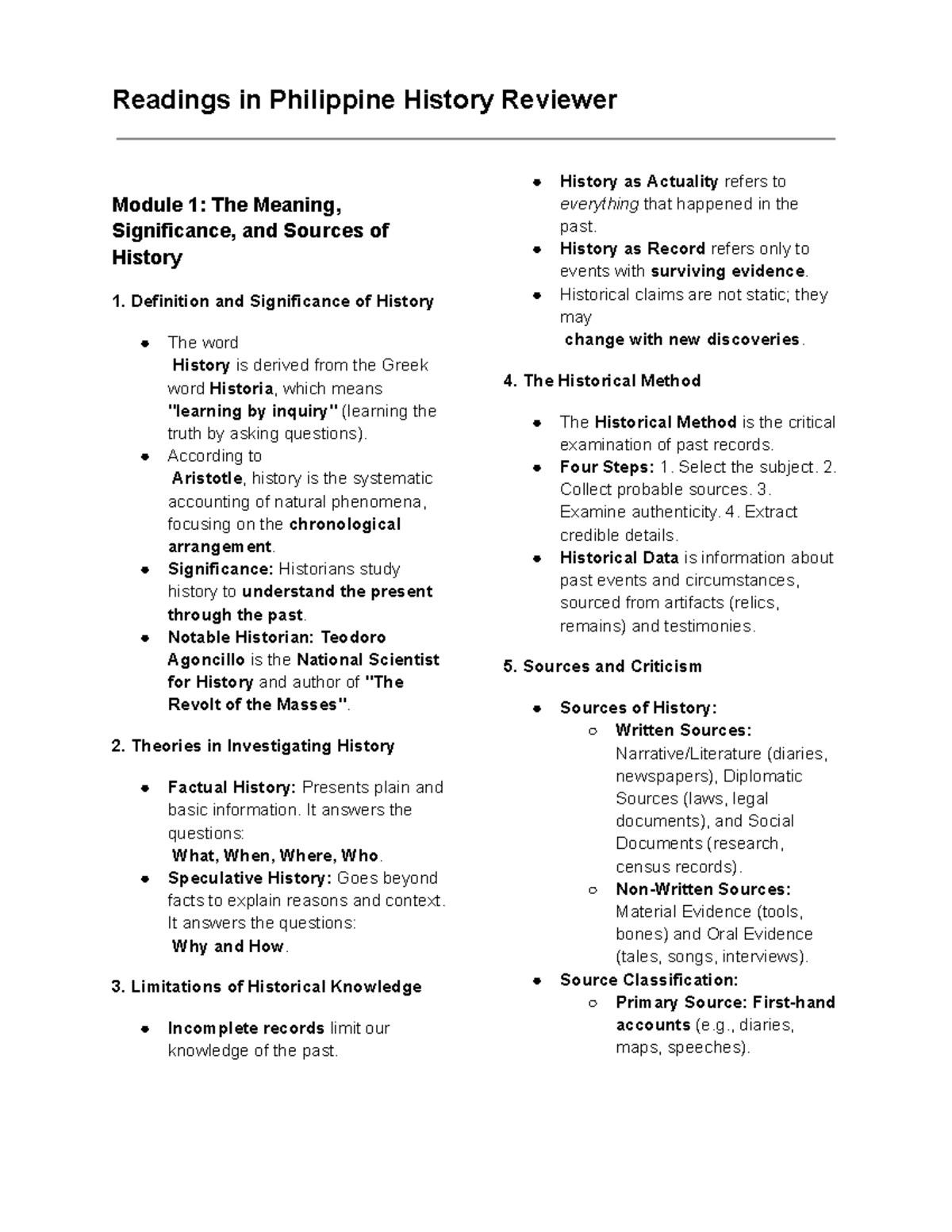 Readings in Philippine History - Midterm Reviewer Module 1 & 2 - Studocu