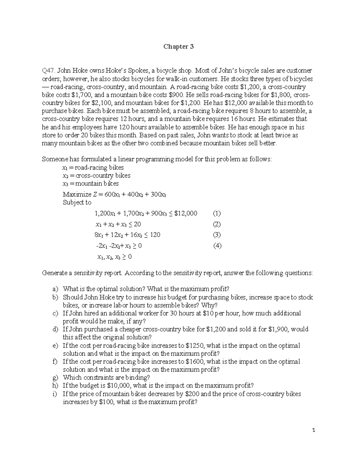 Practice Questions on LP Sensitivity Analysis (Chapter 3) - Studocu