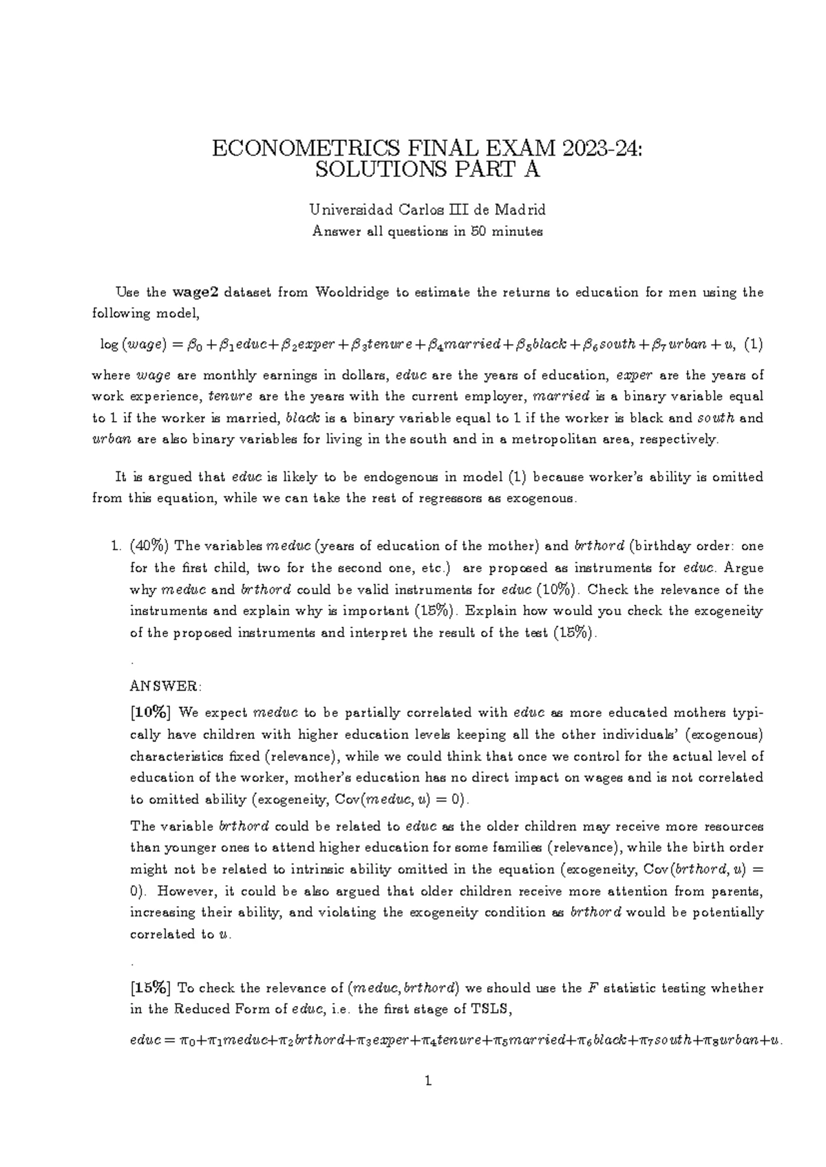 ECONOMETRICS FINAL EXAM PART B SOLUTIONS - May 2024 - Studocu