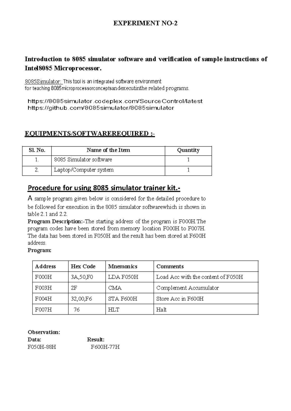 Experiment No-2: Intel 8085 Microprocessor Lab Instructions and ...