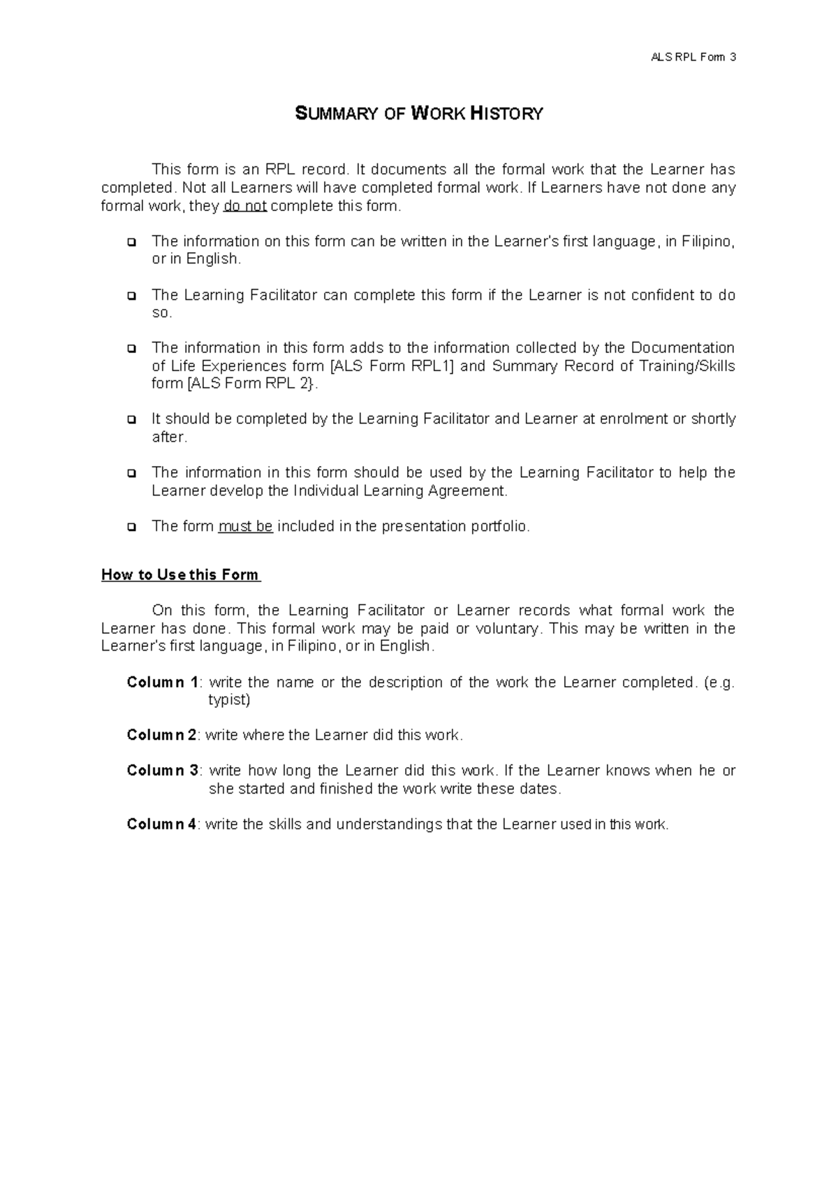 ALS RPL Form 3: Summary of Work History Documentation - Studocu