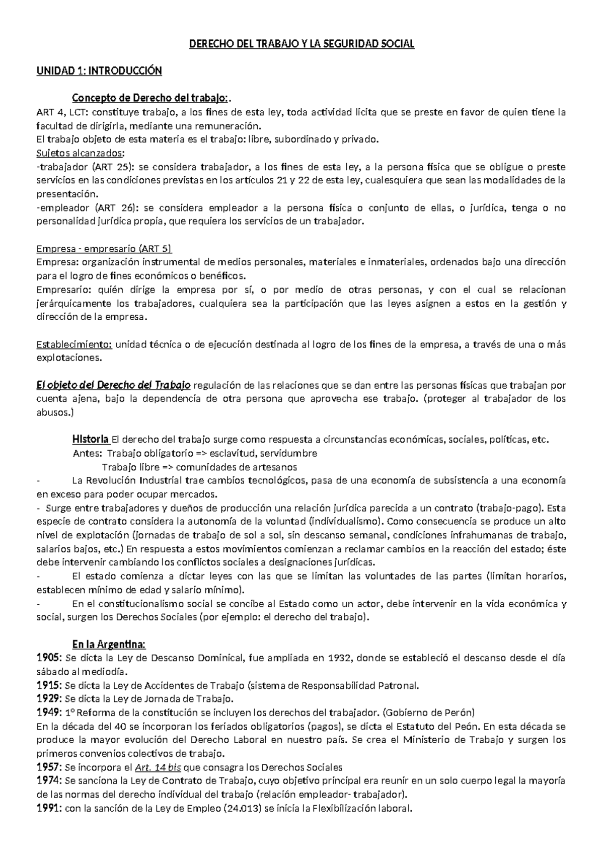 DERECHO DEL TRABAJO Y SEGURIDAD SOCIAL - RESUMEN 1ER PARCIAL - Studocu