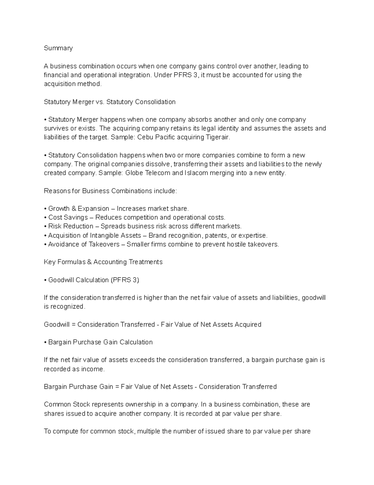 BUSINESS COMBINATION SUMMARY - CHAPTER 1 OVERVIEW AND KEY CONCEPTS ...