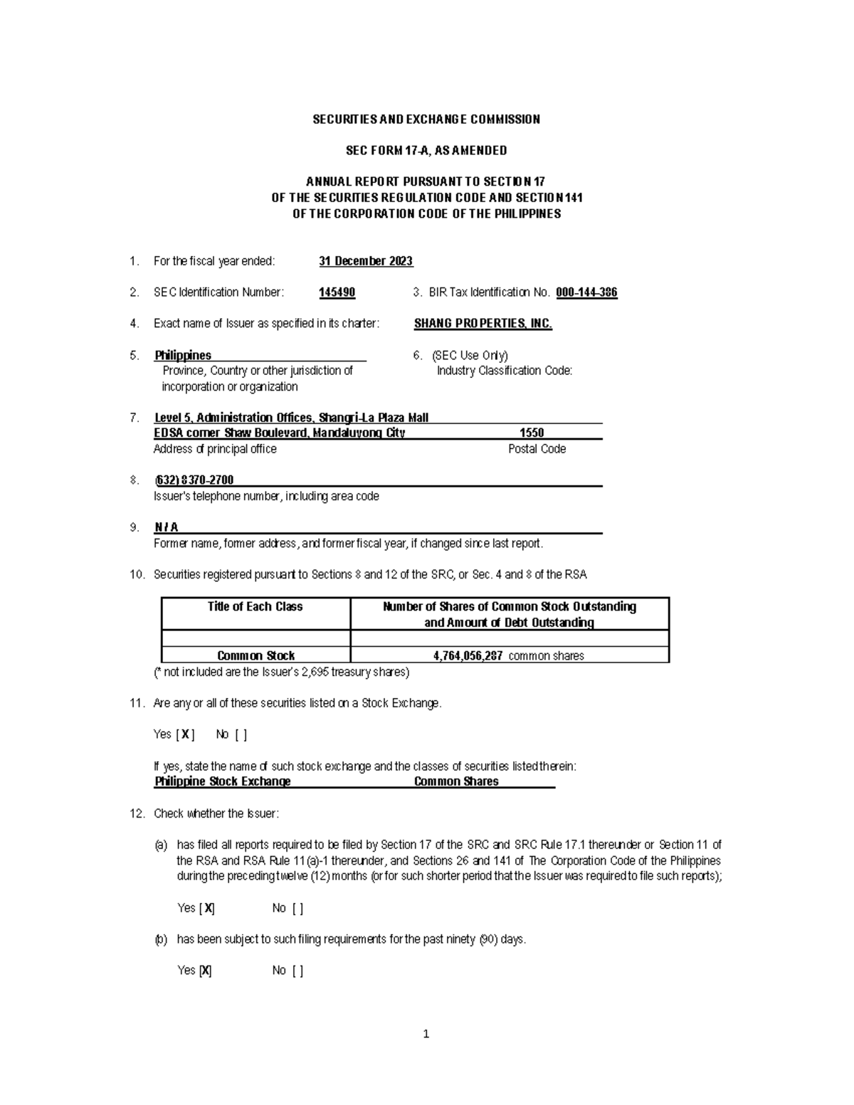 SEC Form 17-A Annual Report for Shang Properties, Inc. FY 2023 - Studocu