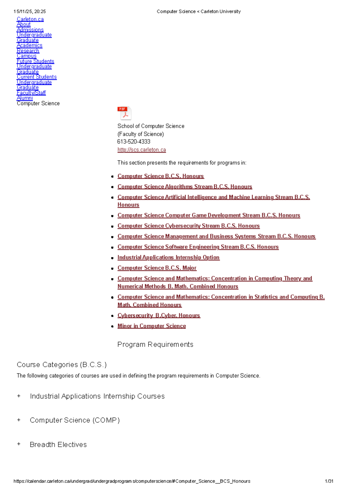Computer Science Program Requirements at Carleton University (20:25 ...