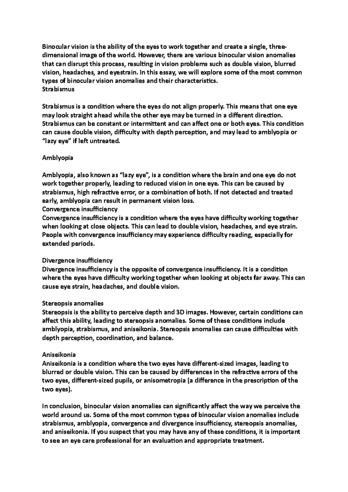 Binocular Vision Anomalies: Strabismus, Amblyopia & Stereopsis Issues -  Studocu