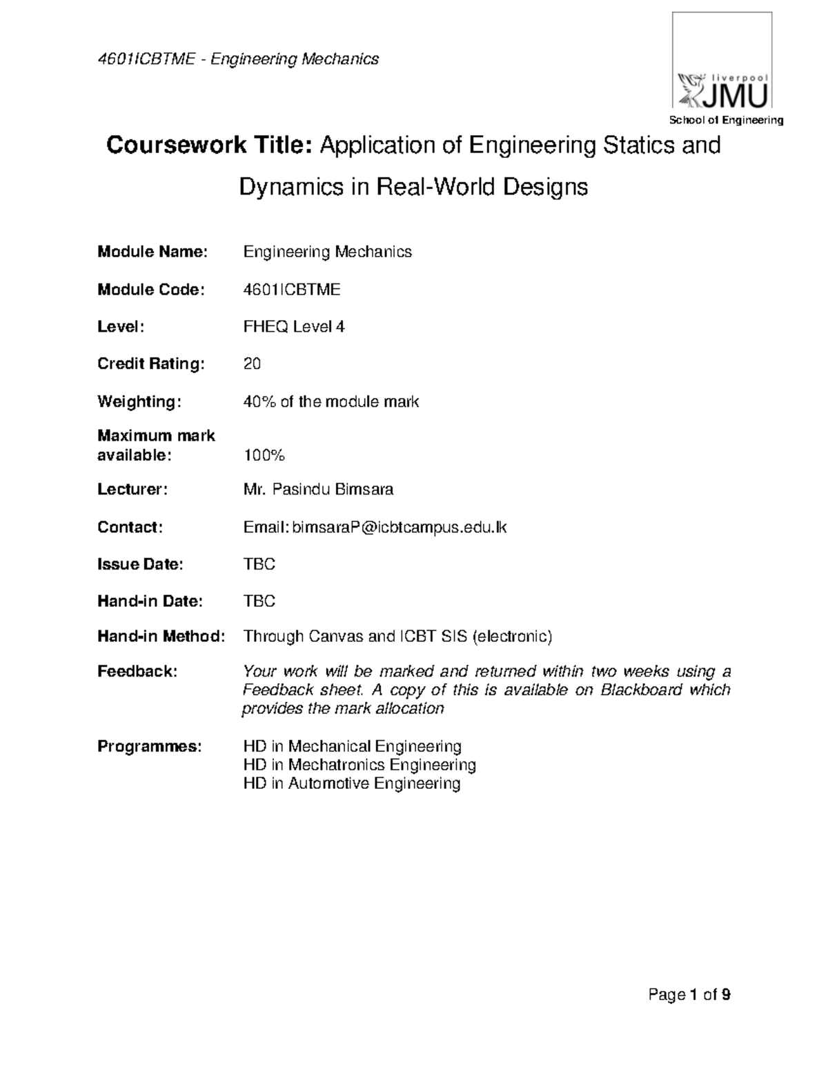 4601ICBTME Engineering Mechanics Coursework: Statics & Dynamics ...