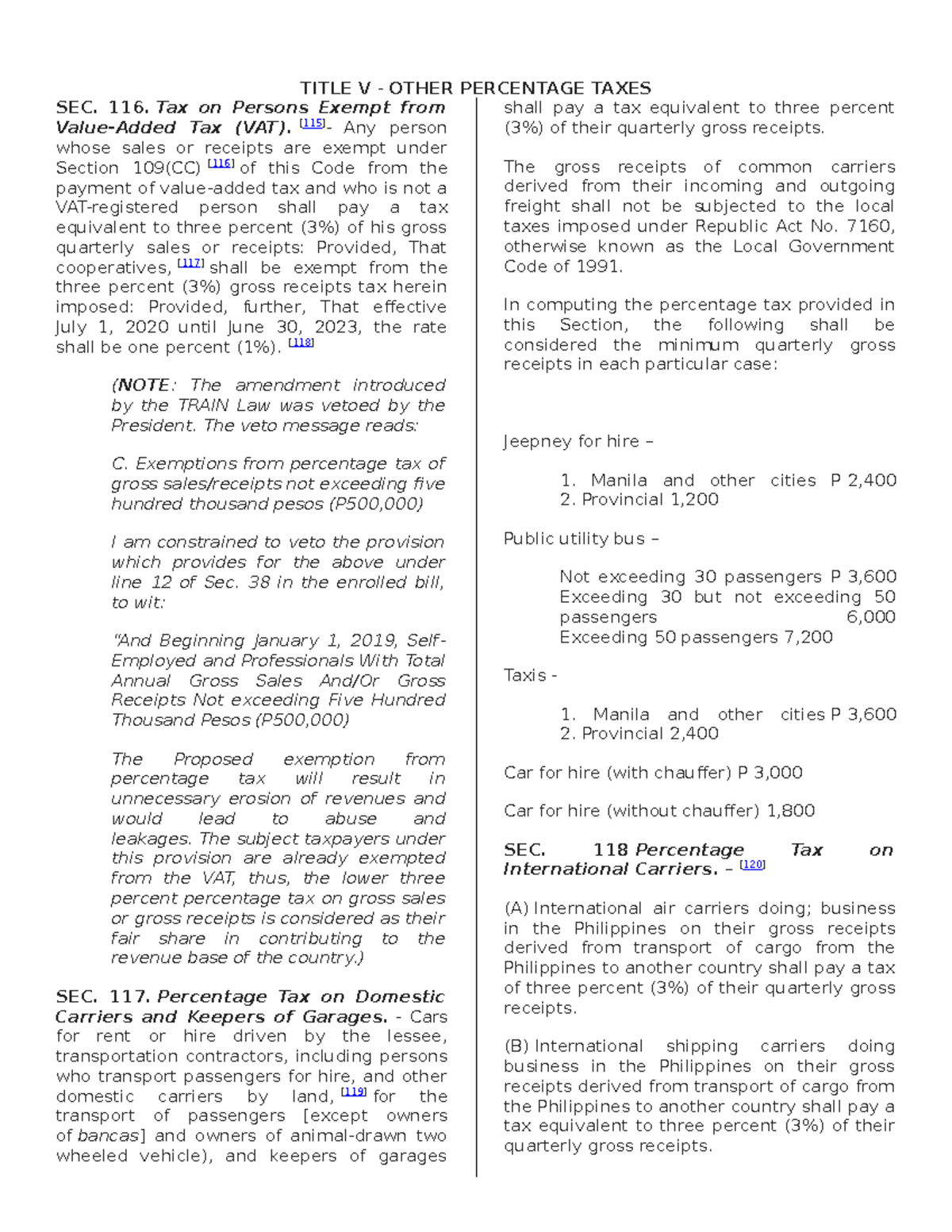 Percentage Tax Regulations and Exemptions: Detailed Notes - Studocu